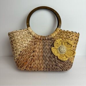 Cornhusk Handbag Purse Braided Floral Bag Multicolor Zip Top Crochet Wood Handle